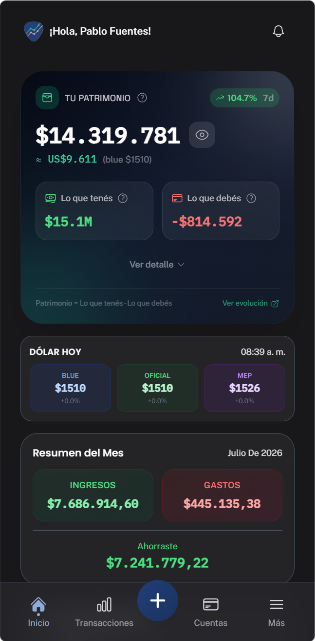 Pantalla principal mobile de GuitAPP con patrimonio, cotizaciones y resumen mensual