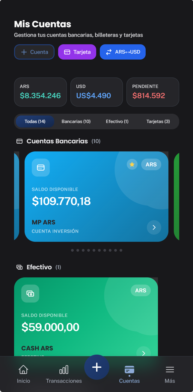 Pantalla mobile de cuentas en GuitAPP con cuentas bancarias, efectivo y tarjetas