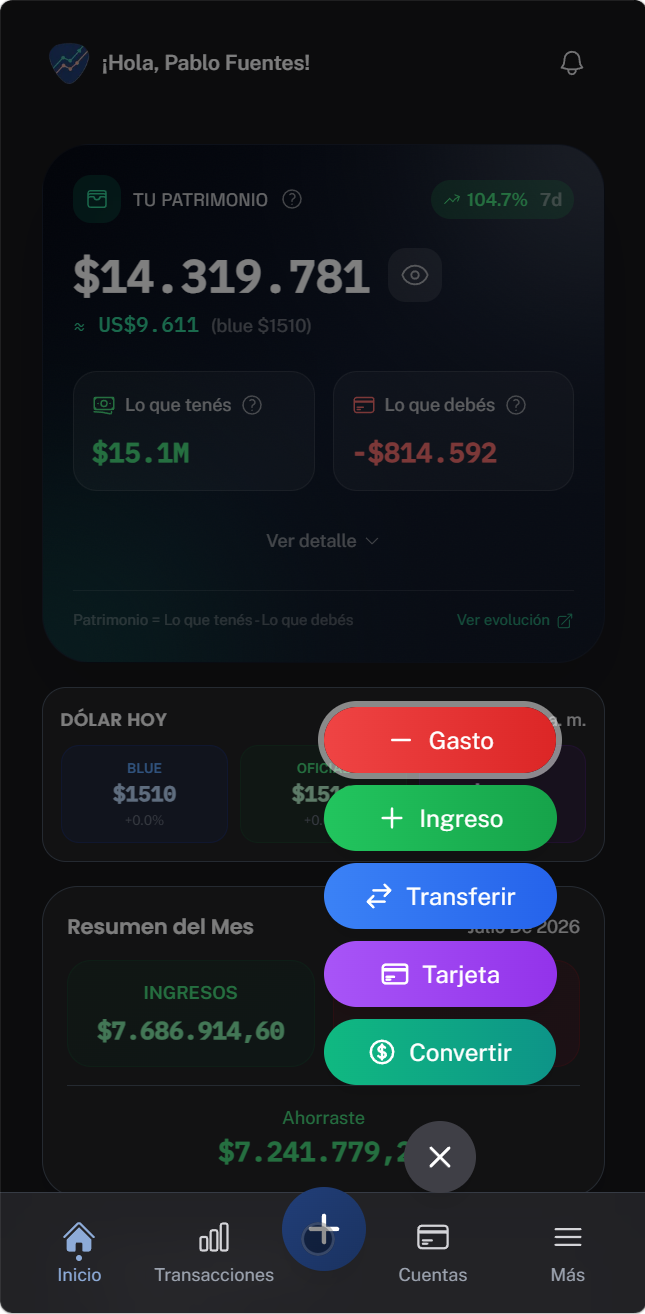 Pantalla mobile de GuitAPP con acciones rápidas para gastos, ingresos, transferencias y tarjetas